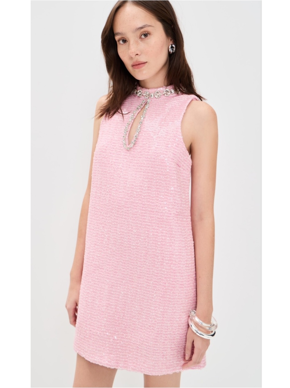 English Factory Rhinestone Mini Tweed Barbie Pink Sequin Keyhole Shift Dress